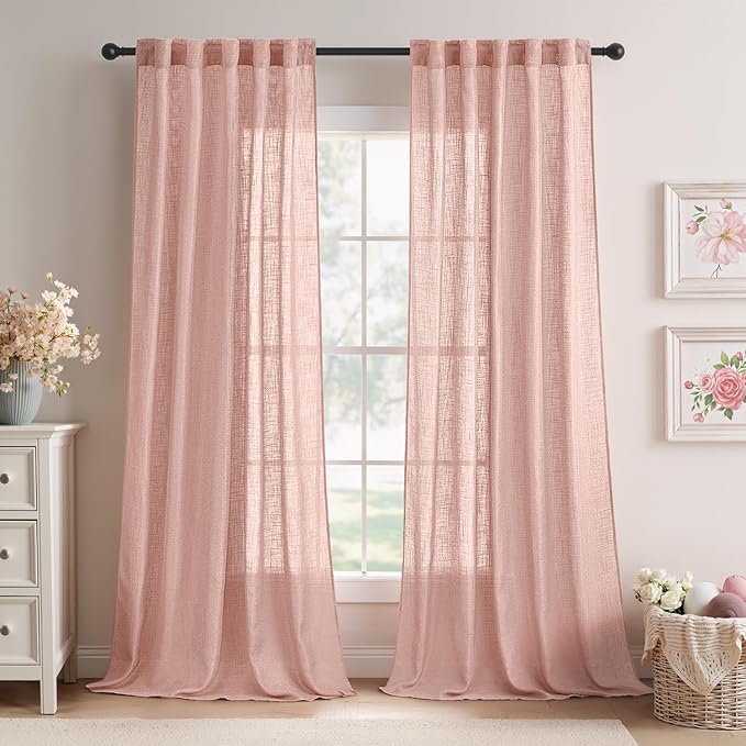 MIULEE Blush Pink Linen Curtains 84 Inch Length 2 Panels for Girls Bedroom Nursery, Soft Thick Linen Textured Window Drapes Semi Sheer Light Filtering Back Tab for Kids Living Room Light Pink Decor