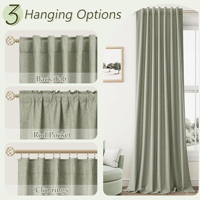 Guken Sage Green 100% Blackout Curtains 132 Inch Length 2 Panels Set for Living Room Bedroom Back Tab Thermal Insulated Black Out Linen Drapes Room Darkening Window Curtains 52x132