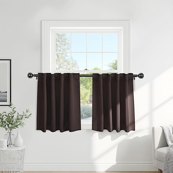Pony Dance Short Curtains for Bathroom Window, Small Half Drapes for Kitchen Windows, Energy Saving Curtain Tiers for Basement, Wide 29 x Long 24 inches per Panel, Brown, Set of 2