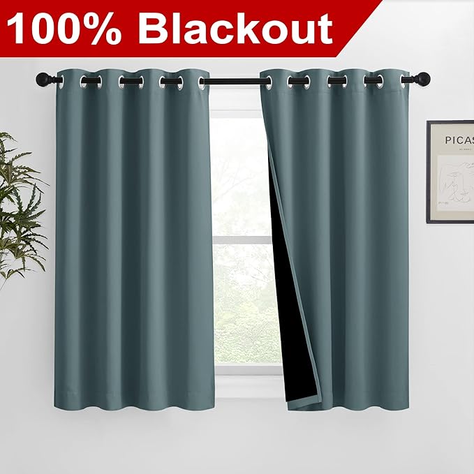 NICETOWN 100% Blackout Curtains 54 inches Long, Double-Deck Completely Blackout Window Treatment Thermal Insulated Lined Drapes for Small Window (Greyish Blue, 1 Pair, 46 inches Width Each Panel)