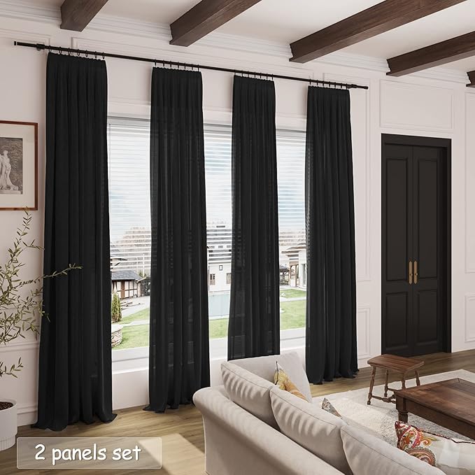 Solid Black Curtains 96 Inches Long 2 Panel Set Back Tab Sheer Black Linen Curtain Modern Farmhouse Muslin Look Cotton Textured Gauze Curtains 96 inch Length for Patio Sliding Door Office Bedroom