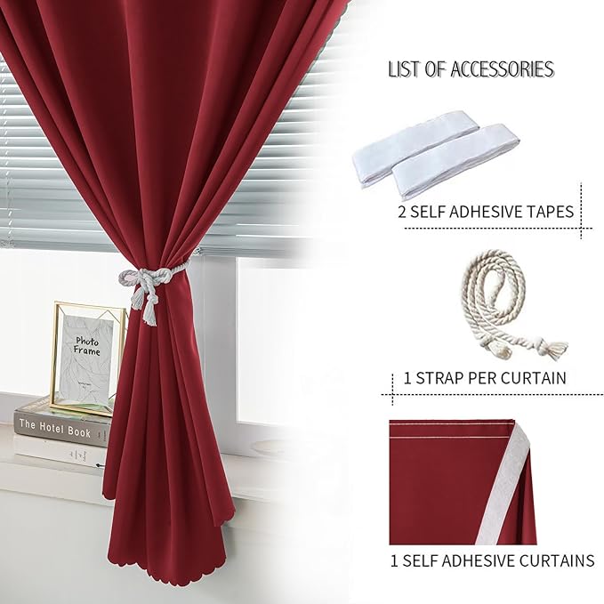 Self Adhesive Curtains, Stick Curtain Blackout Shades Window Cover Curtains for Living Room No Drilling, 47" W X 96" L, Burgundy, 1 Panel