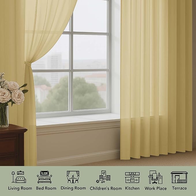 OWENIE Gold Sheer Curtain 90 Inches Long 2 Panels Set, Solid Filmy Drapes for Living Room Bedroom, Elegant Window Voile Sheer Curtain Panels Drapes, 2 Pcs, Each 59" Wx90 L Inch