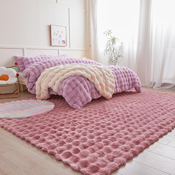 Pink Rabbit Plush Rug 6'x9', Fluffy Faux Fur Shaggy Area Rug for Nursery, Kids Room Decor, Soft Fuzzy Carpet for Living Room, Bedroom, Teen Girls Room