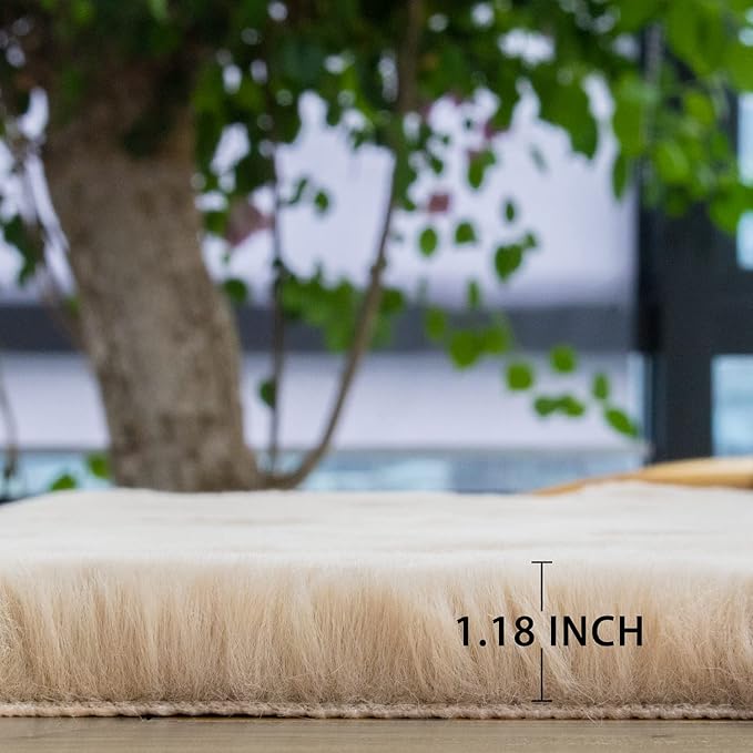 ORINOVA Round Rugs 8ft Shag Washable Fluffy Area Rugs for Bedroom Light Brown Beige Large Circle Faux Rabbit Shaggy Fur Rug for Living Room Nursery Rug