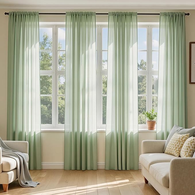 MIULEE Sage Green Sheer Curtains 96 Inches Long, 4 Panels Set, Light Filtering Rod Pocket Voile Drapes Window Treatments, Semi Transparent Airy Fabric for Bedroom and Living Room, 42 x 96 Inches