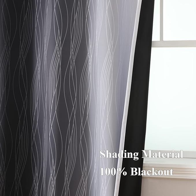 Estelar Textiler Ombre Blackout Curtains 102 Inches Long 2 Panels Set, Black and Greyish White Thermal Insulated Drapes for Bedroom, Full Room Darkening Grommet Curtains for Living Room, 52Wx102L