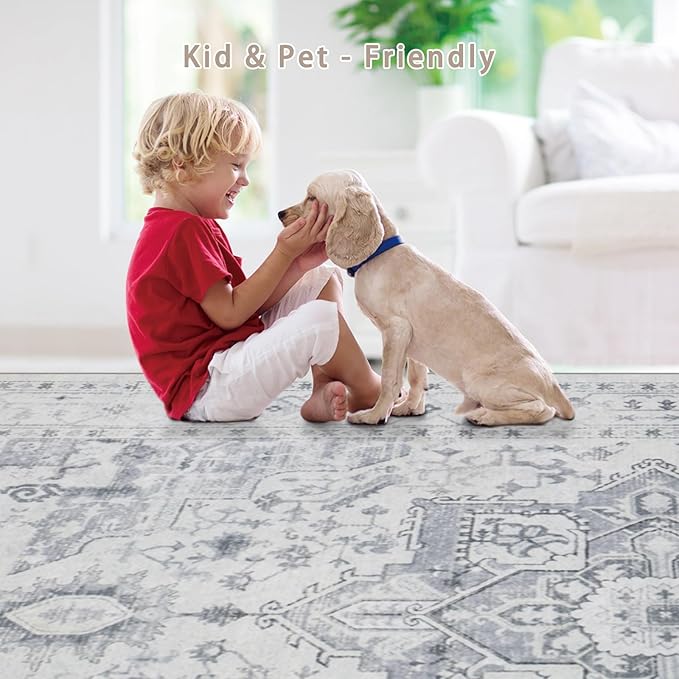 Area Rug 8x10 Washable Area Rugs for Living Room- Ultra Soft Non-Shedding Faux Wool Bedroom Rug Large Grey Vintage Print Rugs with Non Slip Rubber- Indoor Retro Foldable Carpet for Dining Room