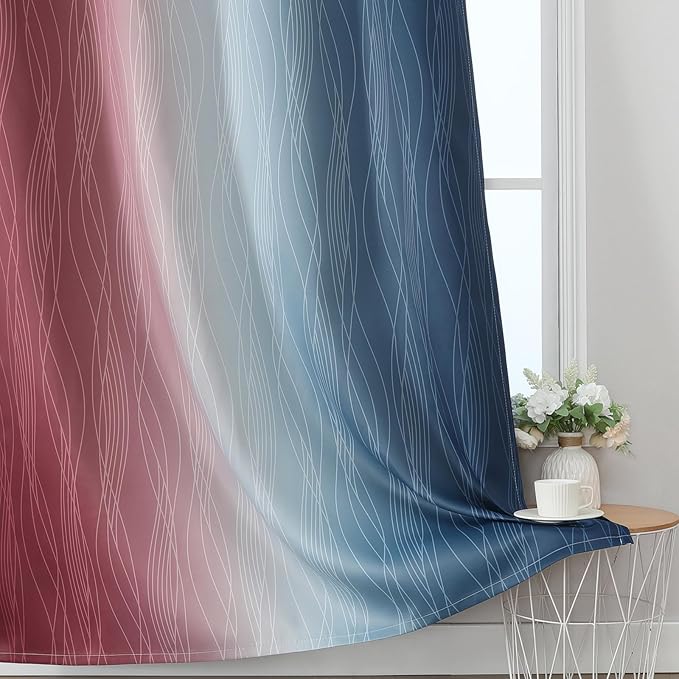 Estelar Textiler Navy Blue and Burgundy Red Ombre Blackout Curtains 96 Inch Length 2 Panels, Light Blocking Thermal Insulated Room Darkening Window Drapes for Bedroom/Living Room, 52x96 Inch