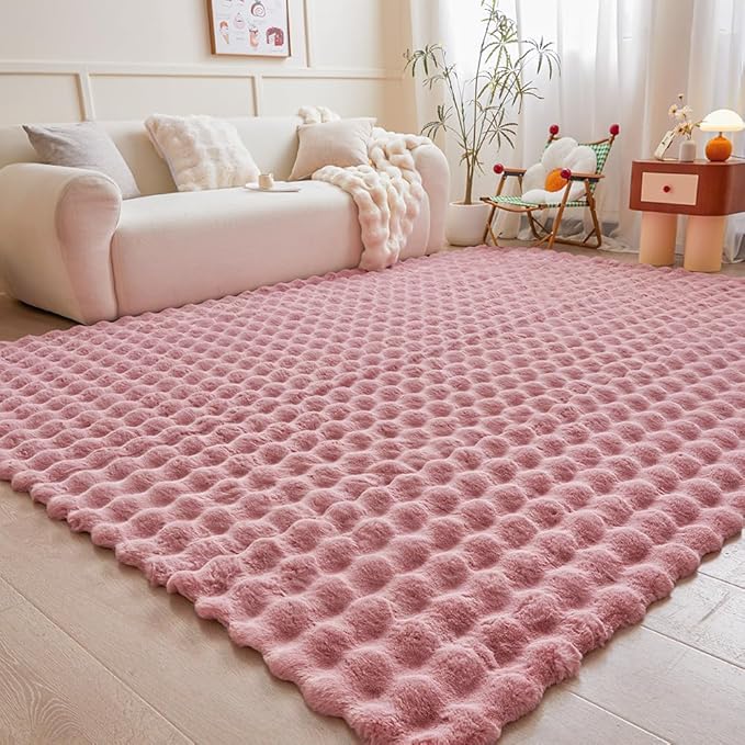 Pink Rabbit Plush Rug 6'x9', Fluffy Faux Fur Shaggy Area Rug for Nursery, Kids Room Decor, Soft Fuzzy Carpet for Living Room, Bedroom, Teen Girls Room