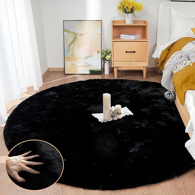 ORINOVA Round Rugs 6ft Faux Rabbit Fur Rug Fluffy Rug for Bedroom Black Faux Fur Machine Washable Area Rugs Living Room Teen Room Home Decor