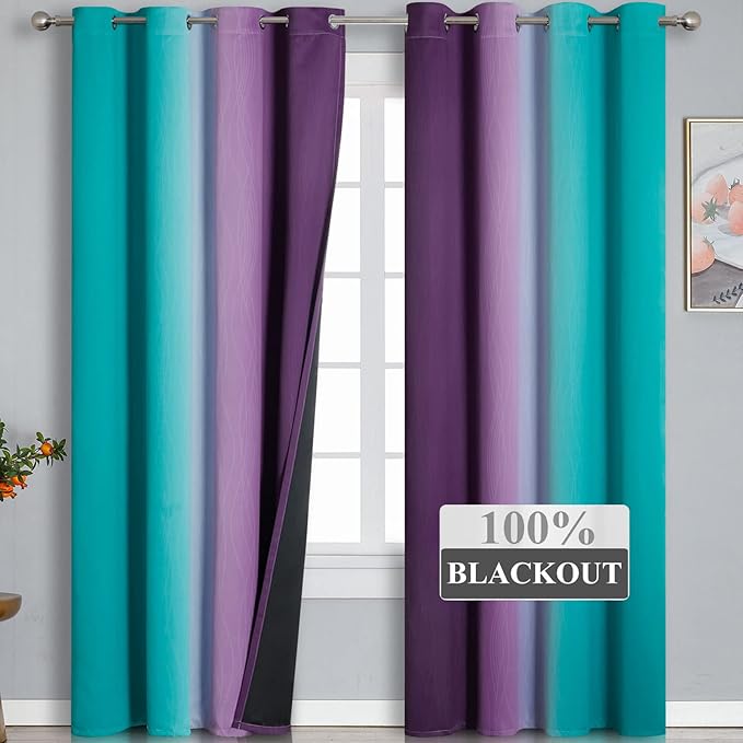 Estelar Textiler Teal and Purple Blackout Curtains for Bedroom, Thermal Insulated Drapes 108 Inches Long, Full Light Blocking Energy Saving Long Curtains for Living Room, 52Wx108L, 2 Panels