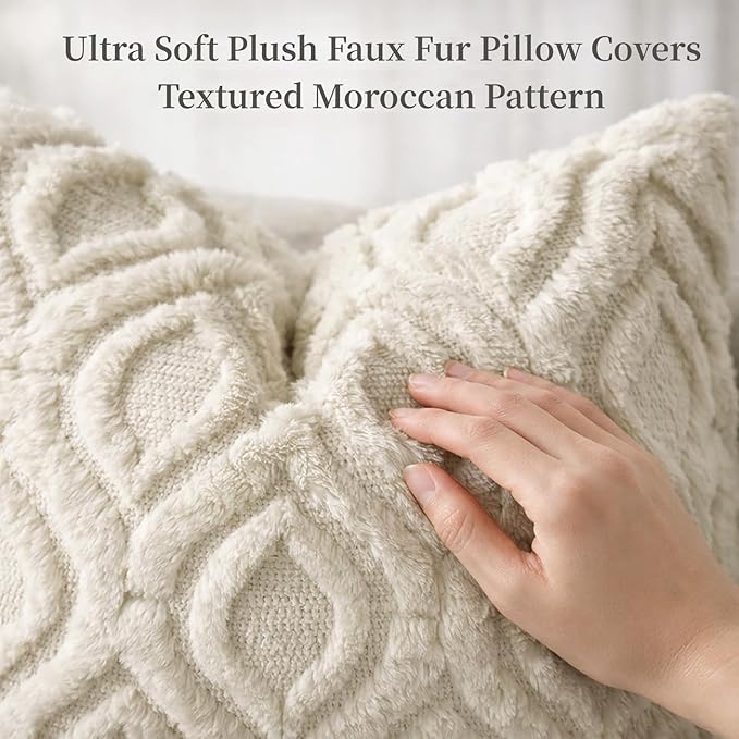 decorUhome Throw Pillow Covers 22x22 Inch Set of 2, Soft Plush Faux Wool Beige Solid Couch Pillow Covers, Accent Euro Sham Farmhouse Neutral Square Pillow Cases for Sofa Bed Living Room