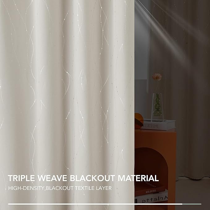 Deconovo Beige Blackout Curtains, Room Darkening Curtain, Thermal Insulated Soundproof Drapes, Silver Wave Dots Print, 38 x 63 Inch, Machine Washable Window Panels for Living Room Bedroom, Set of 2