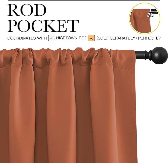 NICETOWN Blackout Curtains for Living Curtains, Burnt Orange, 2 Panels, 29 by 30, Room Darkening Window Curtain Panels, Easy-Care Solid Thermal Insulated Draperies/Drapes for Daughter Room