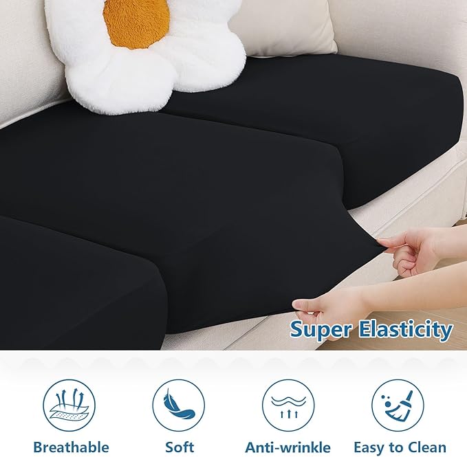 hyha Milk Silk Couch Cushion Covers, Soft Magic Sofa Covers Washable for 2 Cushion Couch, Stretch Sectional Outdoor Cushion Covers for Patio Furniture with Elastic Bottom(Medium, Black)