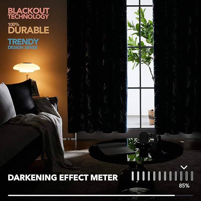 Deconovo Black Blackout Curtains, Thermal Insulated Soundproof Privacy Curtain Drapes, Branch Foil Print, 52 x 84 Inch Long, 2 Panels, Machine‑Washable Window Panel for Bedroom Living Room Office Home