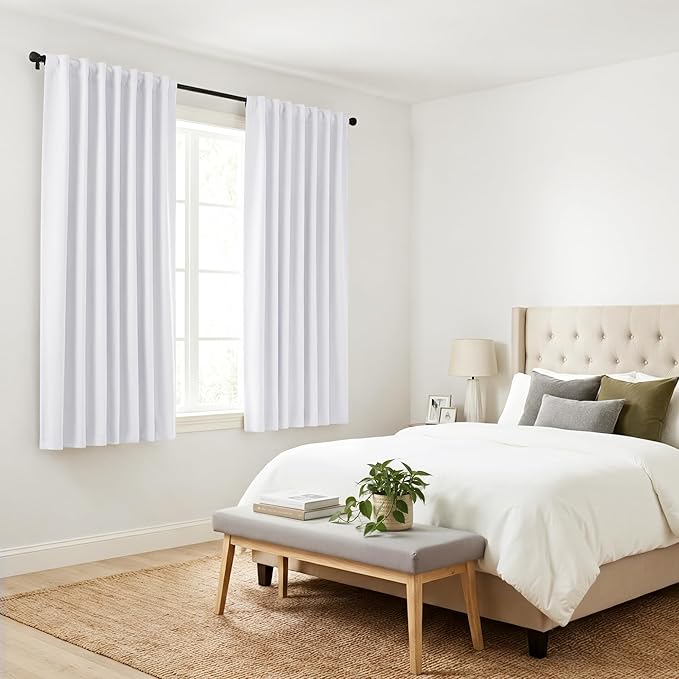 PONY DANCE White 50% Lighting Blocking Curtains for Kitchen, Short Non-See-Through Thermal Insulated Room Darkening Back Tab Small Drapes for Nursery Bedroom Window, W42 x L45, Pure White, 2 Panels