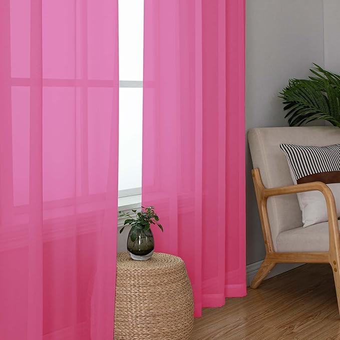 OWENIE Hot Pink Sheer Curtains for Bedroom Living Room 72 Inches Long 2 Panels Set, Modern Light Filtering Sheer Curtain Rod Pocket Clear Drapes for Window Sliding Door, Hot Pink, Each 42 x 72 Inch