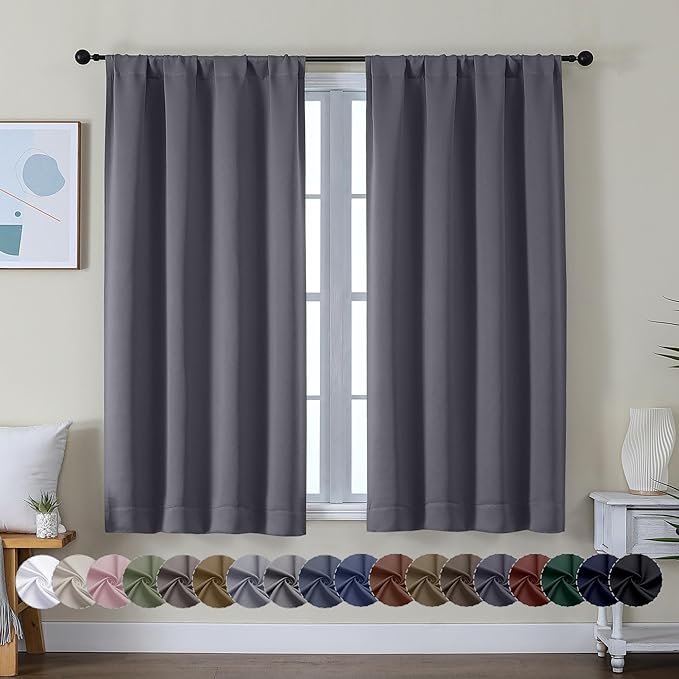 Simplebrand Ava Grey Short Blackout Curtains for Bedroom 45 Inches Long 2 Panels Set, Solid Thermal Insulated, Energy Saving Window Treatment Curtains Blackout Drapes, W40 x L45 Inch, Grey