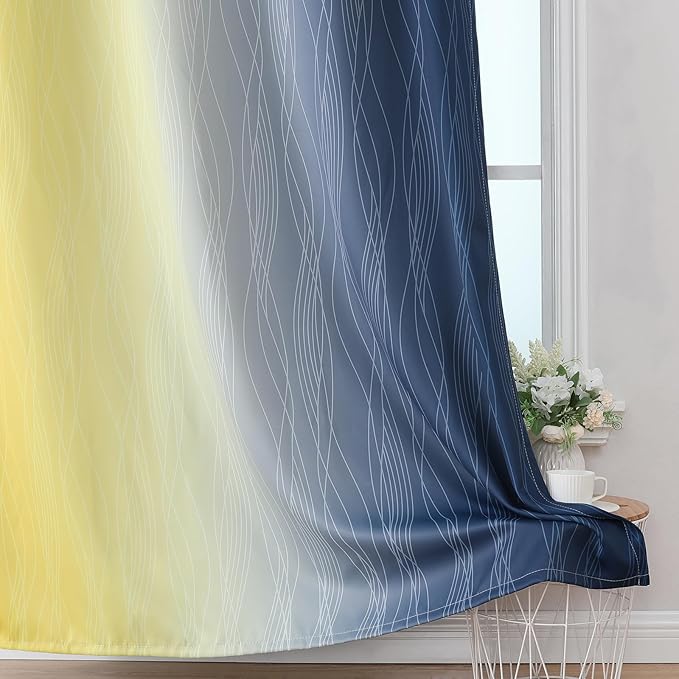 Estelar Textiler Navy Blue and Yellow Ombre Blackout Curtains 54 Inch Length 2 Panels, Full Room Darkening Gradient Drapes for Kitchen, Thermal Insulated Grommet Short Curtains for Bedroom,42Wx54L