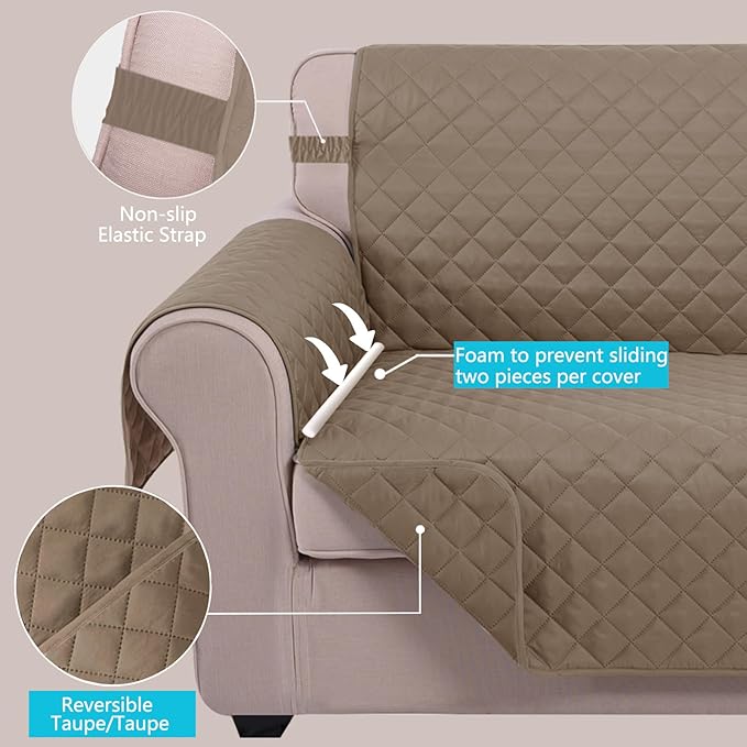 U-NICE HOME Reversible Oversized Chair Covers Quilted Water Repellent Pet Protectors with Elastic Straps(28''Armchair, Taupe/Taupe)
