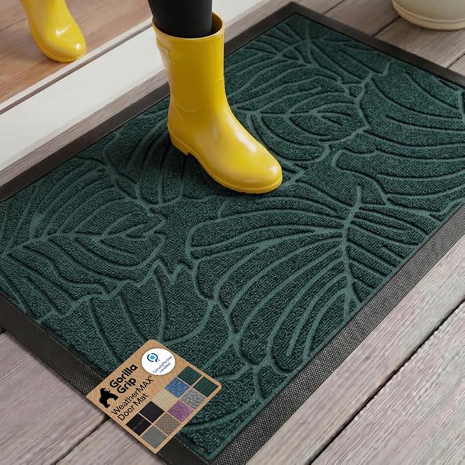 GORILLA GRIP 100% Waterproof All-Season WeatherMAX Doormat 35x23, US Designed Natural Rubber, Stain and Fade Resistant, Low Profile Indoor Outdoor Door Mats, Easy Clean Patio Mat, Green Palm