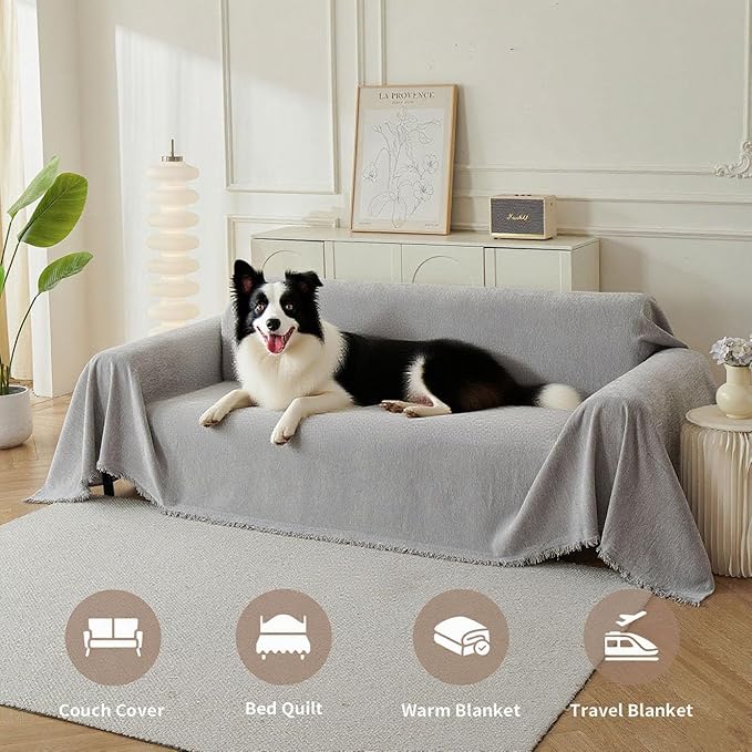 Couch Cover for Dogs, Boho Sofa Covers for 3 Cushion Couch, Chenille Sofa Slipcover for Pets Washable, L-Shape Sectional Couch Cover Soft Throw Blankets with Tassels(91x118,Grey)