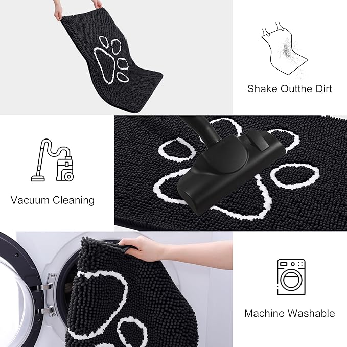 Smiry Dog Door Mat for Muddy Paws, Absorbent Dirt Trapper Non Slip Quick Dry Washable Chenille Mat for Mud Dogs, Entry Rug for Indoor and Outdoor (70x32 Inches, Black and White)