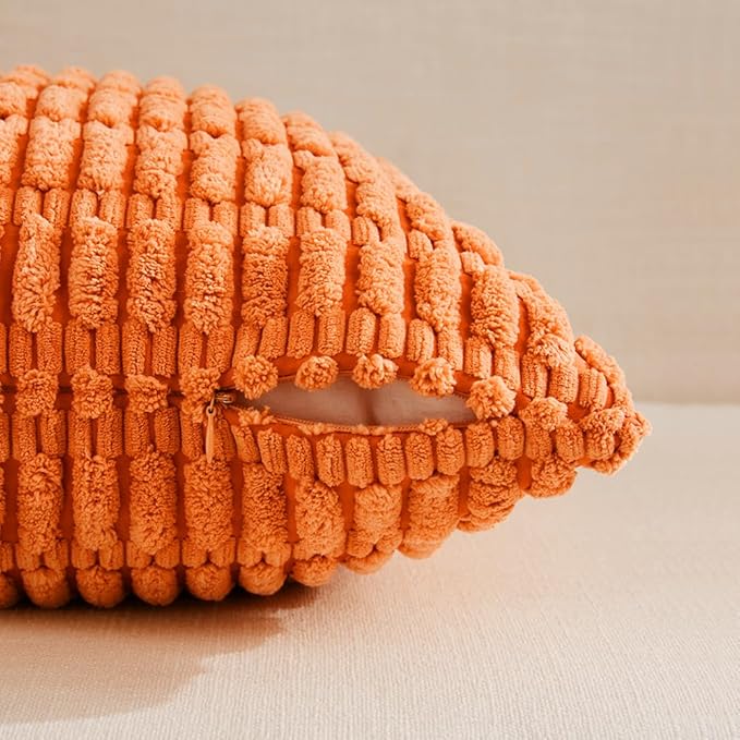 Fancy Homi 4 Packs Orange Fall Decorative Throw Pillow Covers 16x16 Inch for Couch Living Room Bed Sofa, Halloween Pumpkin Autumn Home Decor, Soft Cute Plush Corduroy Striped Cushion Case 40x40 CM