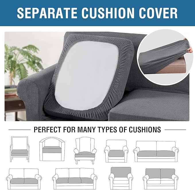 H.VERSAILTEX 4 Piece Stretch Sofa Covers for 3 Cushion Couch Covers for Living Room Furniture Slipcovers (Base Cover Plus 3 Seat Cushion Covers) Thicker Jacquard Fabric (Large Sofa, Grey)