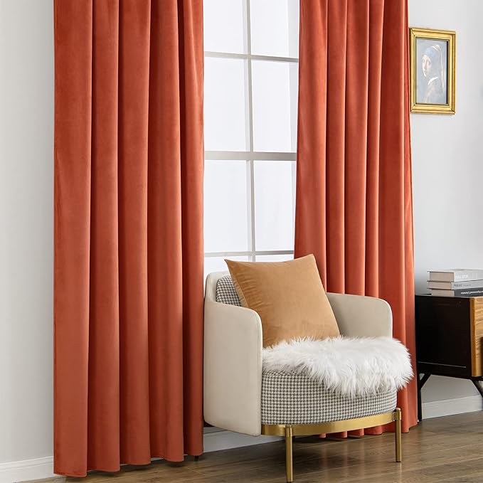 MIULEE Velvet Curtains 66 Inch Wide - Extra Wide Luxury Room Darkening Curtains for Sliding Door Bedroom Living Room Thermal Insulated Drapes Back Tab, Fall Burnt Orange, W 66 x L 96 inch 2 Panels