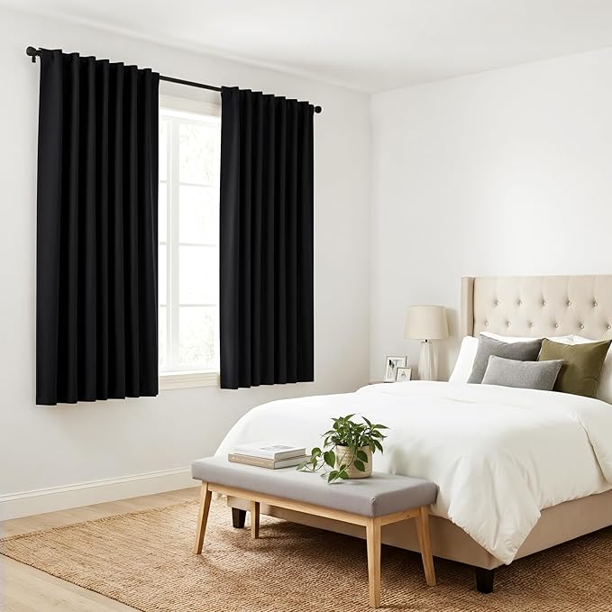 PONY DANCE Blackout Curtain Drapes - Window Treatments Curtains Back Tab Thermal Insulated Draperies Set Light Block Home Decor, 52 Inches Wide by 72 Drop, Black, 1 Pair