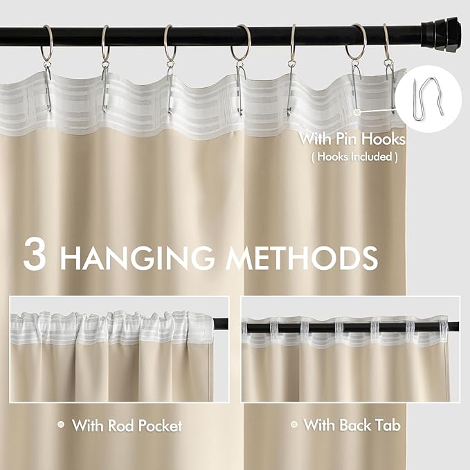 MIULEE Back Tab Cream Beige Curtains 105 Inch Long 2 Panels Set for Living Room Bedroom, Ivory Rod Pocket/Pinch Pleated Light Blocking Thermal Insulated Room Darkening Floor to Ceiling Blackout Drapes