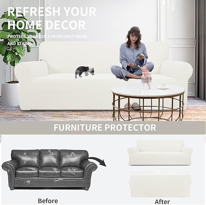 Easy-Going Stretch 4 Seater Sofa Slipcover 1-Piece Sofa Cover Furniture Protector Couch Soft with Elastic Bottom for Kids, Polyester Spandex Jacquard Fabric Small Checks Cream