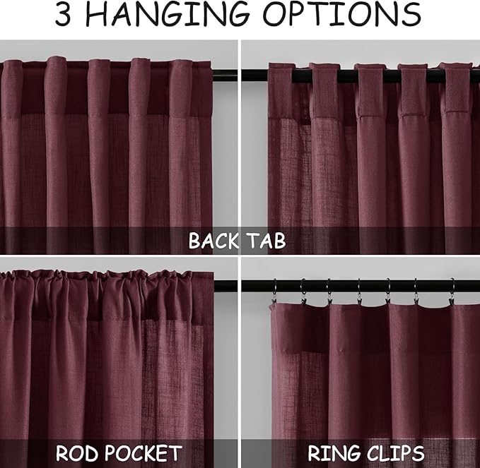 Nanspring Burgundy Linen Curtains 80 Inch Length for Living Room Light Filtering Semi Sheer Curtain Back Tab Vintage Boho Decor Elegant Luxury Drapes for Bedroom Dinner Room 52x80, 2 Panels