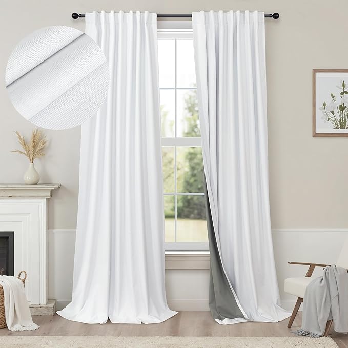 Unique Blackout Curtains 86 Inches Long for Living Room Darkening Curtains for Bedroom Mid Century Modern Decor Custom Draft Blocking White Privacy Curtain for Windows Extra Wide Closet Cover 2 Panels