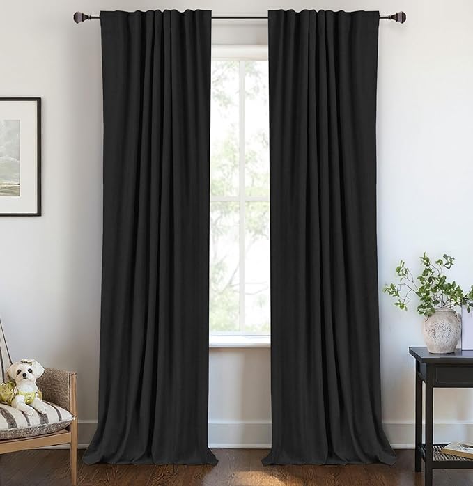 100% Blackout Shield Linen Blackout Curtains for Bedroom 96 Inches Long, Back Tab/Rod Pocket Living Room Drapes, Thermal Insulated Blackout Curtains 2 Panels Set, 50" W x 96" L, Black