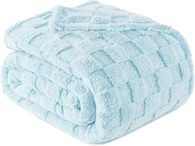 Exclusivo Mezcla Twin Size Flannel Fleece Blanket, Super Soft and Warm Lightweight Checkered Pattern Blankets for All Seasons, 60x80 Inches, Light Blue