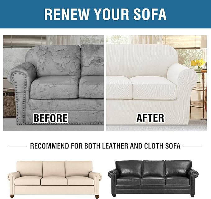 H.VERSAILTEX 4 Piece Stretch Sofa Covers for 3 Cushion Couch Furniture Slipcovers for Living Room (1 Base Cover Plus 3 Seat Cushion Covers) Jacquard Fabric Cover (XL Sofa, Porcelain White)