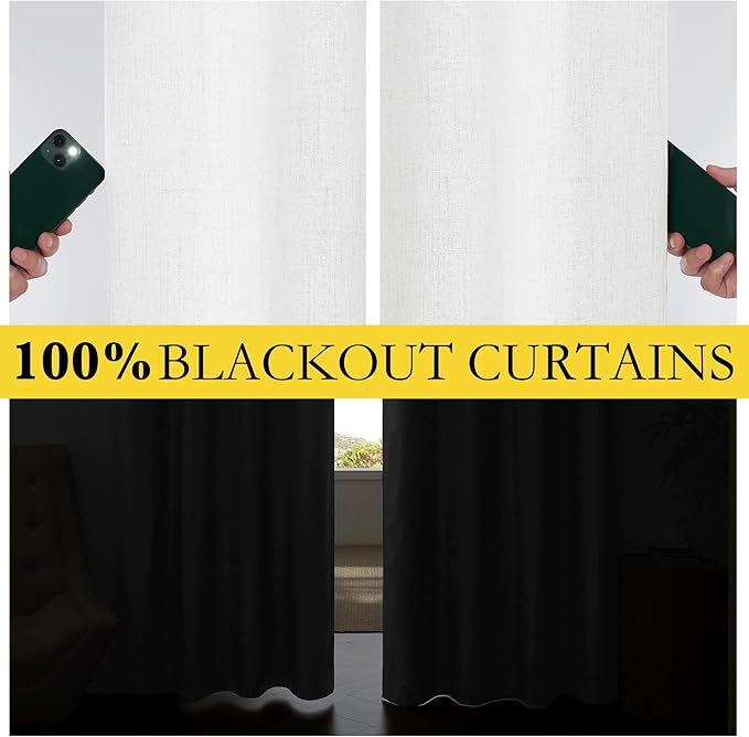 NICETOWN 100% Absolutely Blackout Linen Curtains with Thermal Insulated Liner, Greyish White, 52" Wide, 95" Length Energy Saving Curtains for Living Room 2 Panels Set, Vertical Blinds
