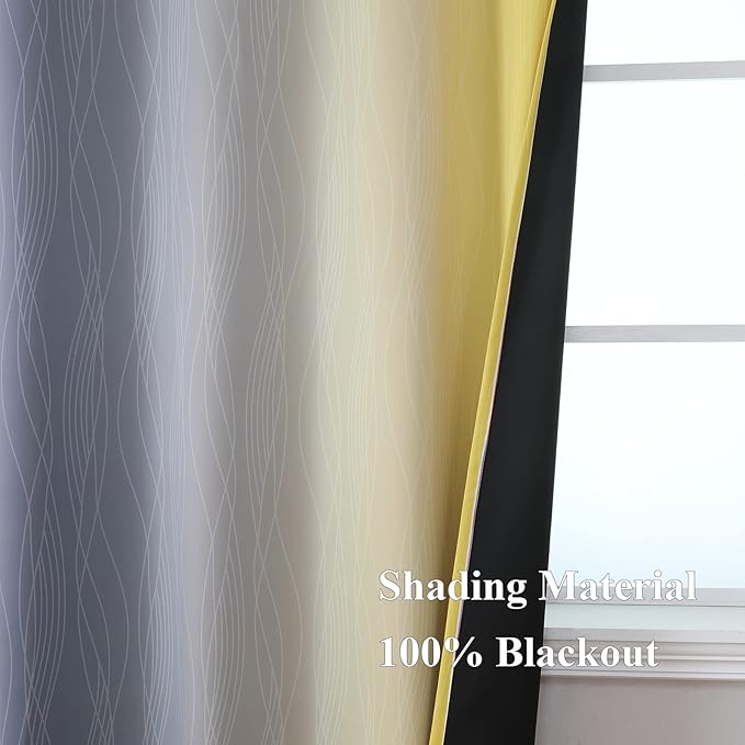 Grey and Yellow Blackout Curtains 84 Inch Length 2 Panels Set, 100% Blackout Curtains for Living Room, Thermal Insulated Gradient Drapes, Full Light Blocking Ombre Curtains for Boys Bedroom,42x84Inch