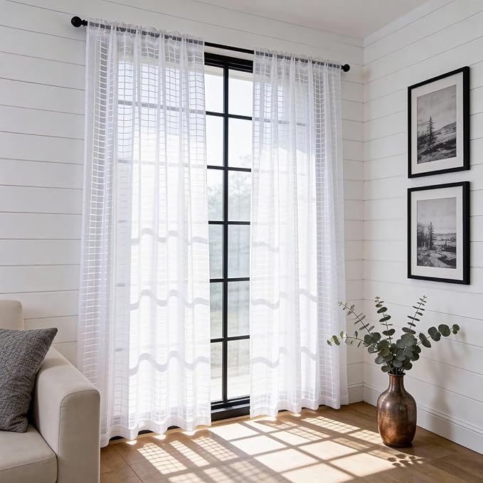 SpaceDresser Check Sheer Curtains 96 Inches Long for Living Room, Rod Pocket Plaid Semi Sheer Drapes for Kitchen Bedroom（White, 52W x 96L）