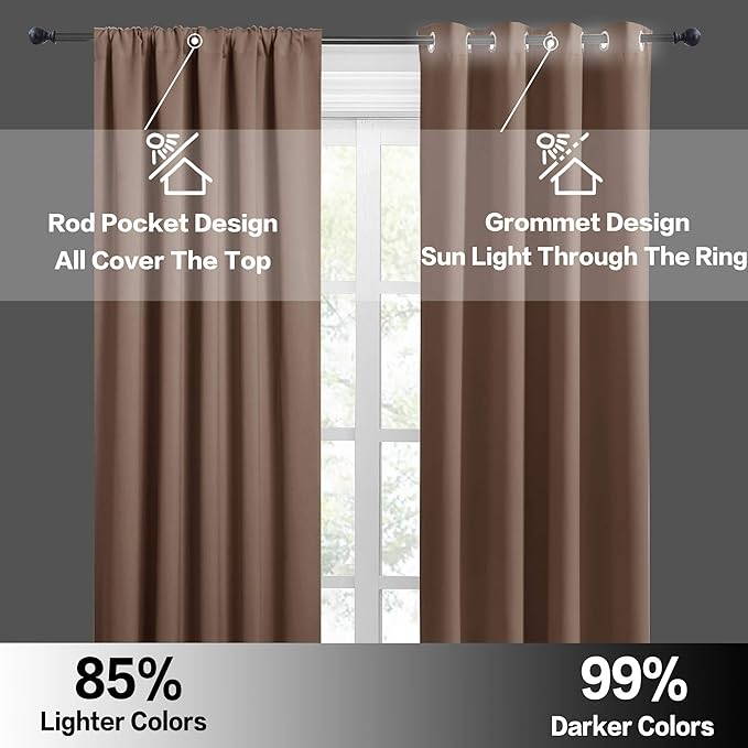 RYB HOME Extra Wide Blackout Curtains for Bedroom Living Room 63 inches Long, Thermal Insulated Privacy Drapes for Nursery Home Theater Dining Room, Width 62 by Length 63, Mocha, 2 Panels