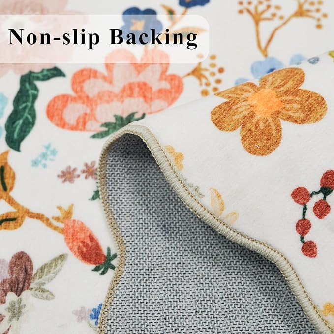 2x10 Washable Hallway Runner Rug: Long Floral Scalloped Soft Runners for Kitchen Entry Thin Non Slip Bathroom Nursery Floor Mat Water Resistant Low Pile 10ft Carpet for Living Room Bedroom(2x10,Cream)