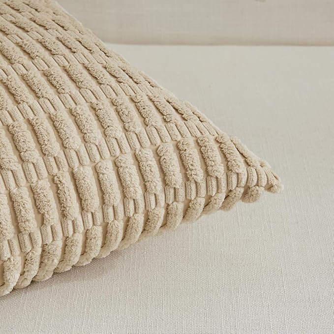 Fancy Homi 4 Packs Tan Decorative Throw Pillow Covers 14x24 Inch for Living Room Couch Bed Sofa, Beige Rustic Farmhouse Boho Home Decor, Soft Plush Striped Corduroy Square Cushion Case 35x60 cm