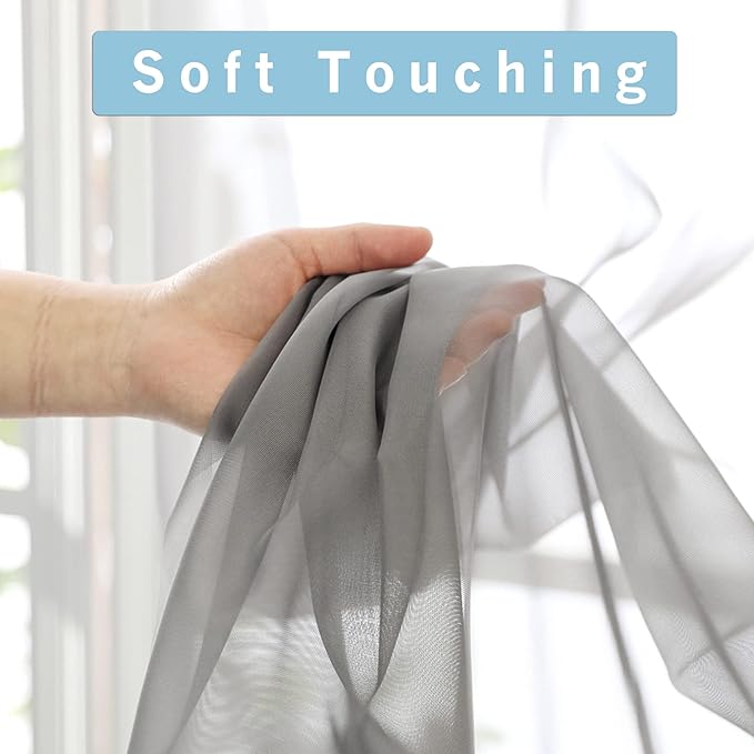 OWENIE Sheer Curtains Grey 45 Inches Long, Light Filtering Tiers for Kitchen, Basement, Bedroom, Short Panels Rod Pocket 2 Panels, Cafe Small Window, 42" W x 45" L