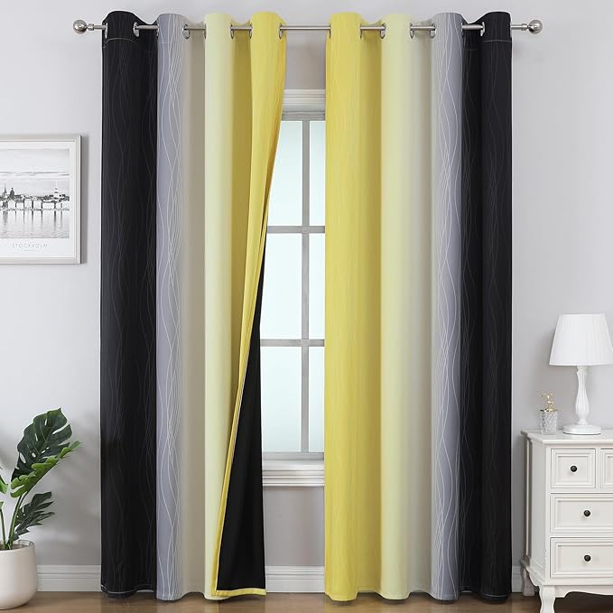 Estelar Textiler Black and Yellow Ombre Blackout Curtains 90 Inch Length 2 Panels Set, Thermal Insulated Drapes for Bedroom,Full Room Darkening Grommet Gradient Curtains for Living Room,52Wx90L