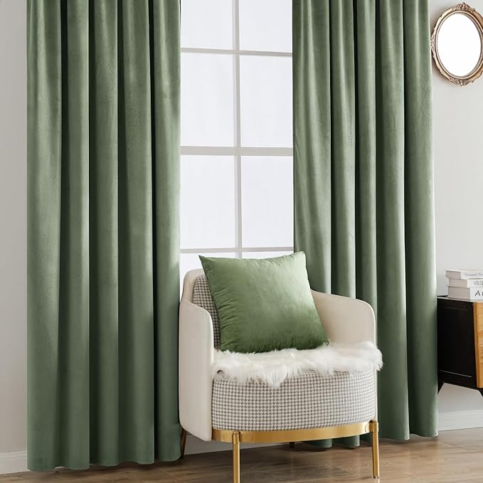 MIULEE Velvet Curtains 72 inches - Luxury Blackout Curtains for Bedroom Living Room Thermal Insulated Super Soft Window Drapes Rod Pocket & Back Tab, Sage Green, W52 x L72 inches, 2 Panels