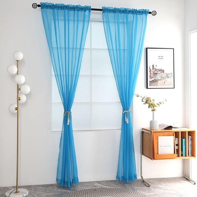 SpaceDresser Basic Rod Pocket Sheer Voile Window Curtain Panels Cyan Blue 1 Pair 2 Panels 52 Width 63 Inch Long for Kitchen Bedroom Children Living Room Yard(Cyan Blue,52 W x 63 L), adult